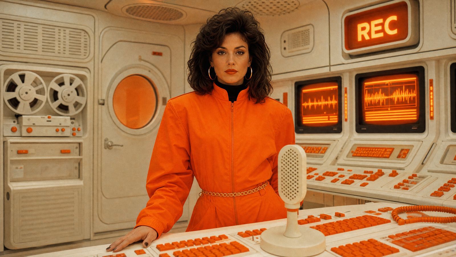 Founder in an orange flight suit standing behind a control-room console of orange keys, between banked waveform monitors and a reel-to-reel deck